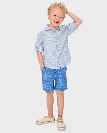 Kids Tropical Leaf Linen-Blend Pull-On Shorts