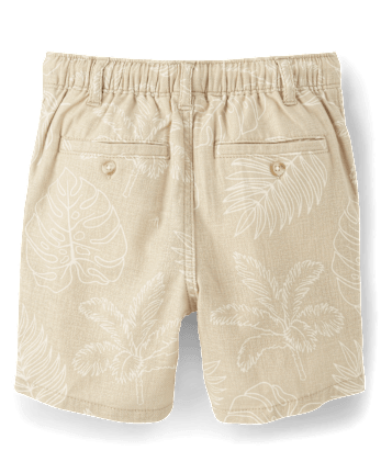 Kids Tropical Leaf Linen-Blend Pull-On Shorts