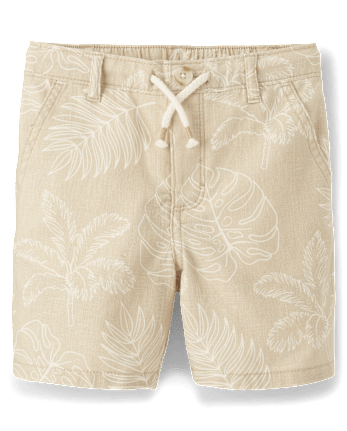 Kids Tropical Leaf Linen-Blend Pull-On Shorts