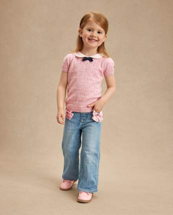 Girls Bow Patch Pocket Wide Leg Jeans - Campus Cuties