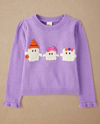 Girls Crochet Ghost Ruffle Sweater - Halloween