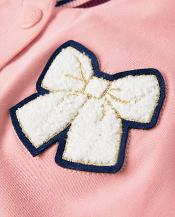 Girls Embroidered Bow Varsity Jacket - Campus Cuties