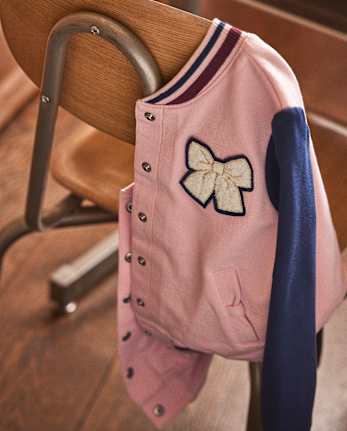 Girls Embroidered Bow Varsity Jacket - Campus Cuties