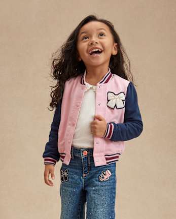 Girls Embroidered Bow Varsity Jacket - Campus Cuties