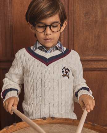 Kids Cable Knit Varsity Sweater - Campus Cuties
