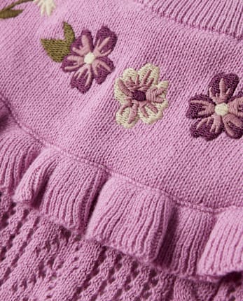 Girls Embroidered Floral Pointelle Ruffle Sweater - Magical Meadows