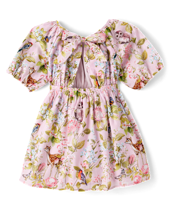 Girls Floral Animal Tie Back Dress - Magical Meadows