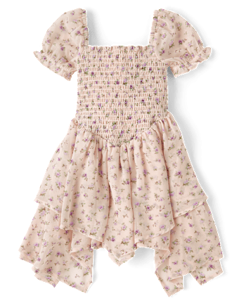 Girls Floral Smocked Chiffon Hanky Hem Dress - Magical Meadows