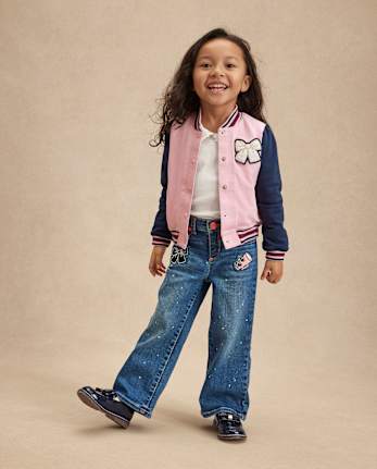 Girls Embroidered Varsity Wide Leg Jeans - Campus Cuties