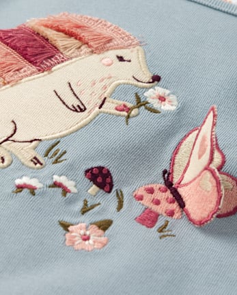 Girls Embroidered Hedgehog Puff Sleeve Top - Highland Hills