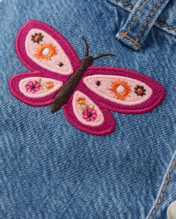 Girls Embroidered Butterfly Button Denim Skirt - Fall Celebrations