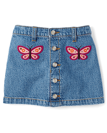 Girls Embroidered Butterfly Button Denim Skirt - Fall Celebrations