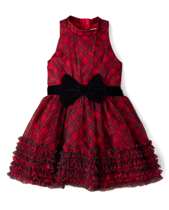 Girls Plaid Ruffle Mesh Mock Neck Dress - Royal Christmas