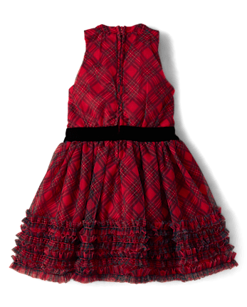 Girls Plaid Ruffle Mesh Mock Neck Dress - Royal Christmas
