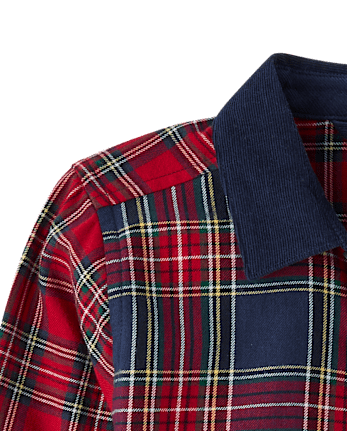 Boys Plaid Colorblock Flannel Button Up Shirt - Royal Christmas