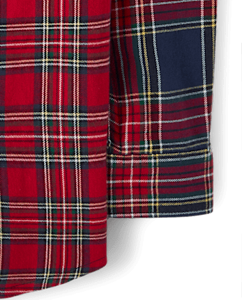 Boys Plaid Colorblock Flannel Button Up Shirt - Royal Christmas