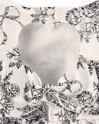 Girls Floral Heart Cut Out Satin Ruffle Dress - Petit Paris