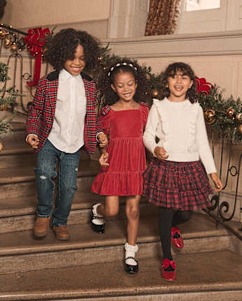 Girls Plaid Bow Velvet Ruffle Dress - Royal Christmas