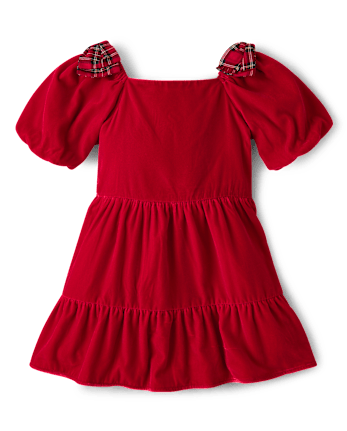 Girls Plaid Bow Velvet Ruffle Dress - Royal Christmas