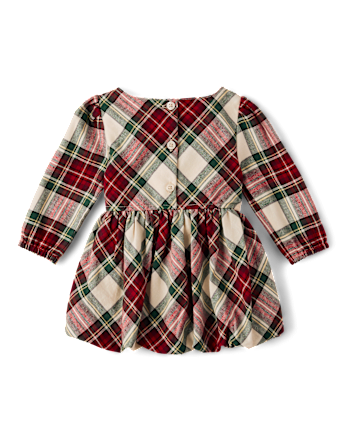 Baby Girls Plaid Bow Flannel Bubble Dress - Royal Christmas
