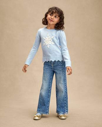 Girls Crochet Snowflake Scalloped Sweater - First Frost