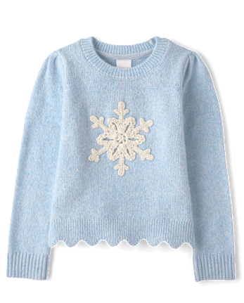 Girls Crochet Snowflake Scalloped Sweater - First Frost