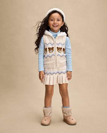 Girls Bear Fairisle Zip Up Vest - First Frost