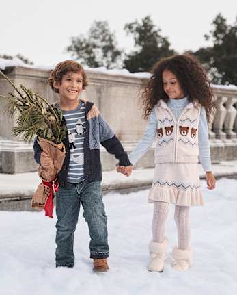 Girls Bear Fairisle Zip Up Vest - First Frost