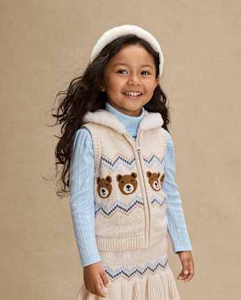Girls Bear Fairisle Zip Up Vest - First Frost