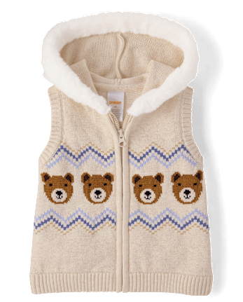 Girls Bear Fairisle Zip Up Vest - First Frost
