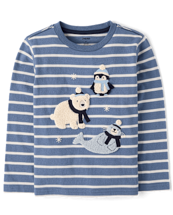 Boys Striped Embroidered Polar Animals Top - First Frost