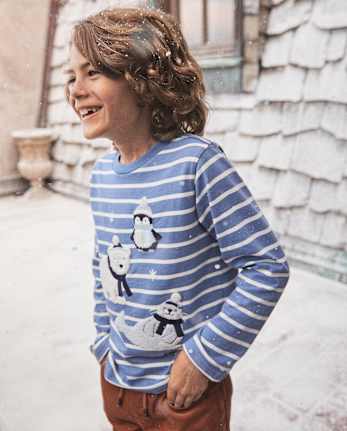 Boys Striped Embroidered Polar Animals Top - First Frost