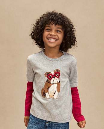 Boys Embroidered Bulldog Layered Top - Mon Cheri