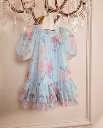 Girls Floral Ruffle Mesh Drop Waist Dress - On Pointe
