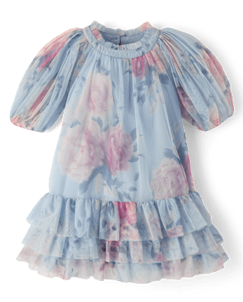 Girls Floral Ruffle Mesh Drop Waist Dress - On Pointe