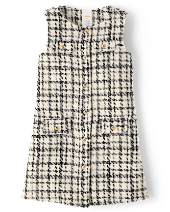 Girls Plaid Button Tweed Shift Dress - Petit Paris