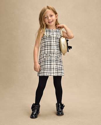 Girls Plaid Button Tweed Shift Dress - Petit Paris