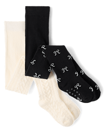 Girls Bow Cable Knit Tights 2-Pack - Petit Paris