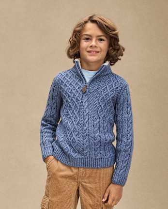 Boys Patchwork Cable Knit Quarter Zip Sweater