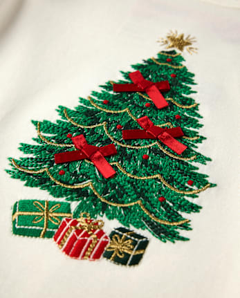 Girls Embroidered Christmas Tree Flutter Top - Royal Christmas