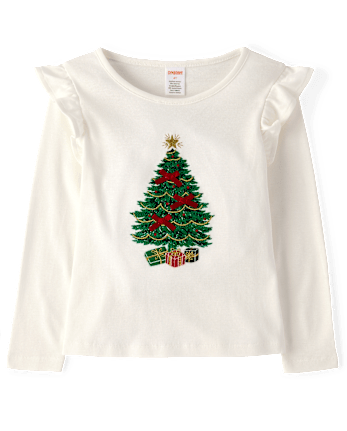 Girls Embroidered Christmas Tree Flutter Top - Royal Christmas
