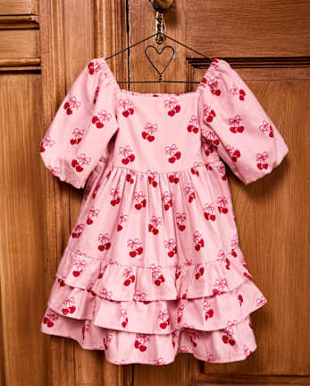 Girls Cherry Heart Flannel Tiered Dress - Mon Cheri