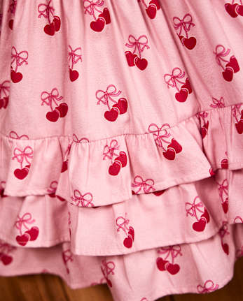 Girls Cherry Heart Flannel Tiered Dress - Mon Cheri