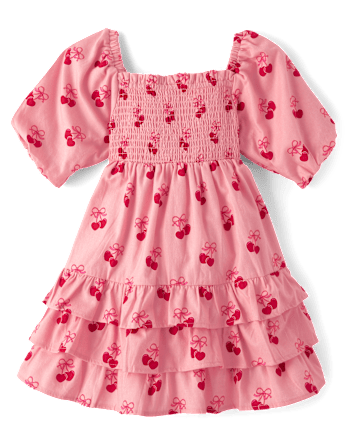 Girls Cherry Heart Flannel Tiered Dress - Mon Cheri