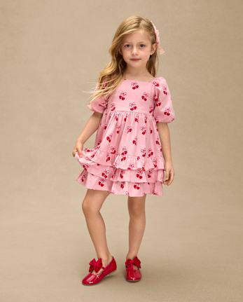 Girls Cherry Heart Flannel Tiered Dress - Mon Cheri