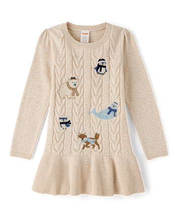 Girls Embroidered Polar Animals Peplum Sweater Dress - First Frost