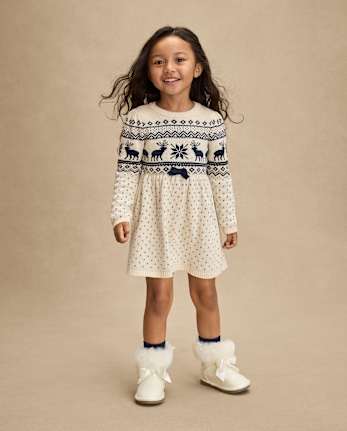 Girls Reindeer Fairisle Sweater Dress - First Frost