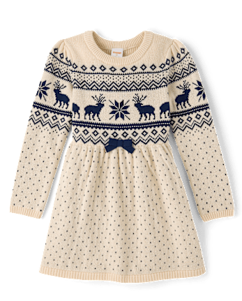 Girls Reindeer Fairisle Sweater Dress - First Frost