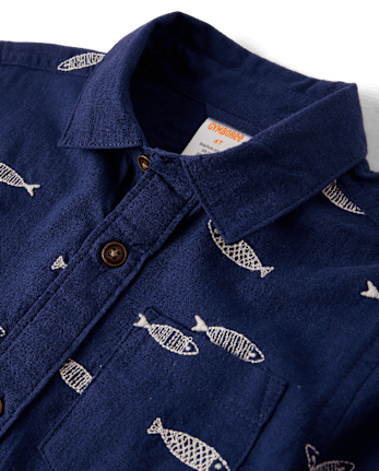 Boys Embroidered Fish Button Up Shirt - Driftwood Bay
