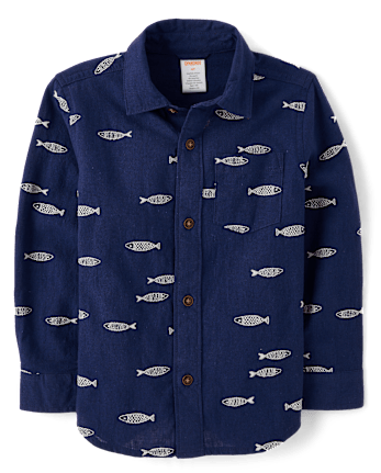 Boys Embroidered Fish Button Up Shirt - Driftwood Bay